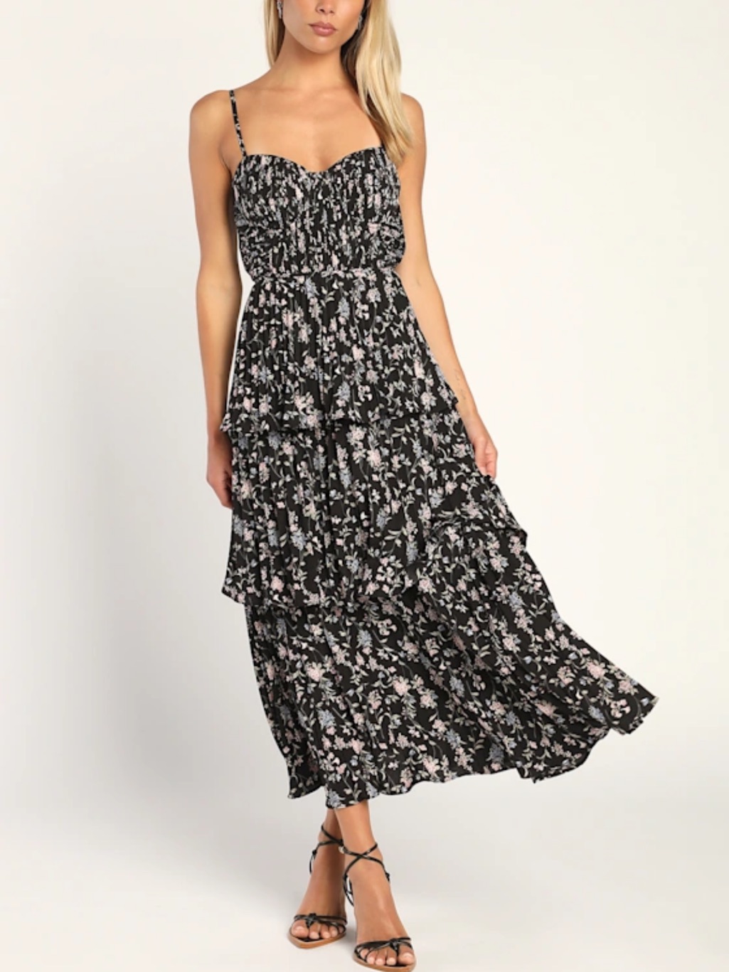 Lulu's Black Floral Midi Dress With Pink Blooms